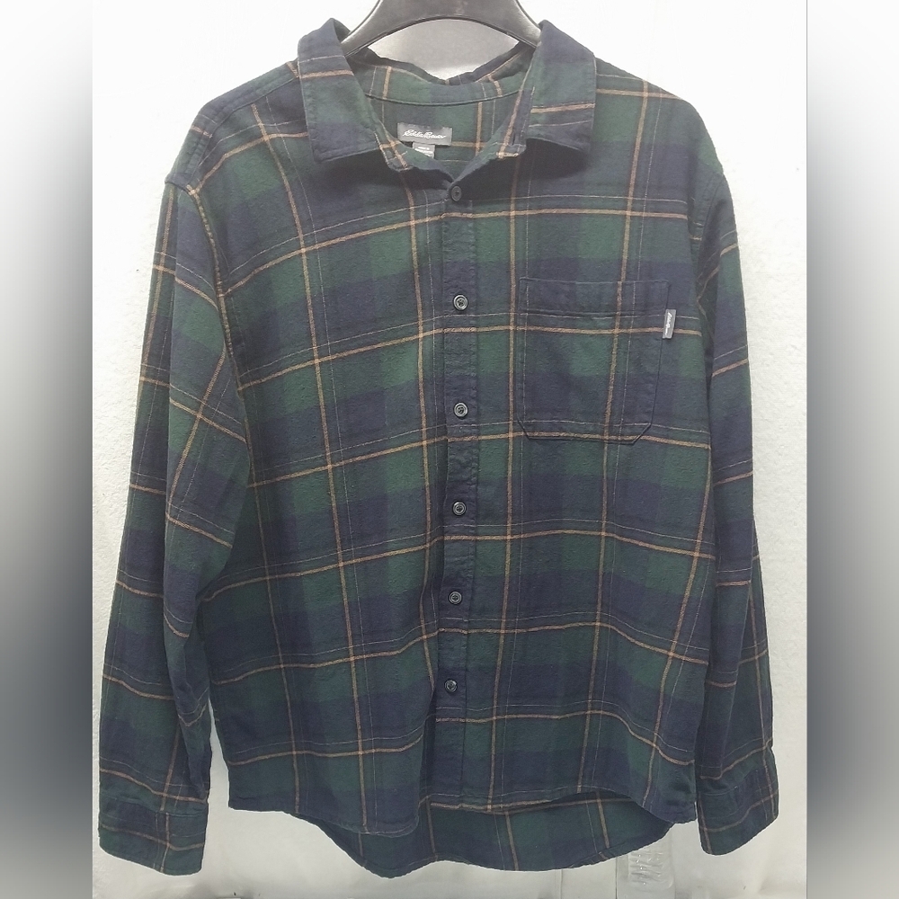 Eddie Bauer Flannel Shirt Mens XXL Button Up Plaid Green Pocket Long Sleeve